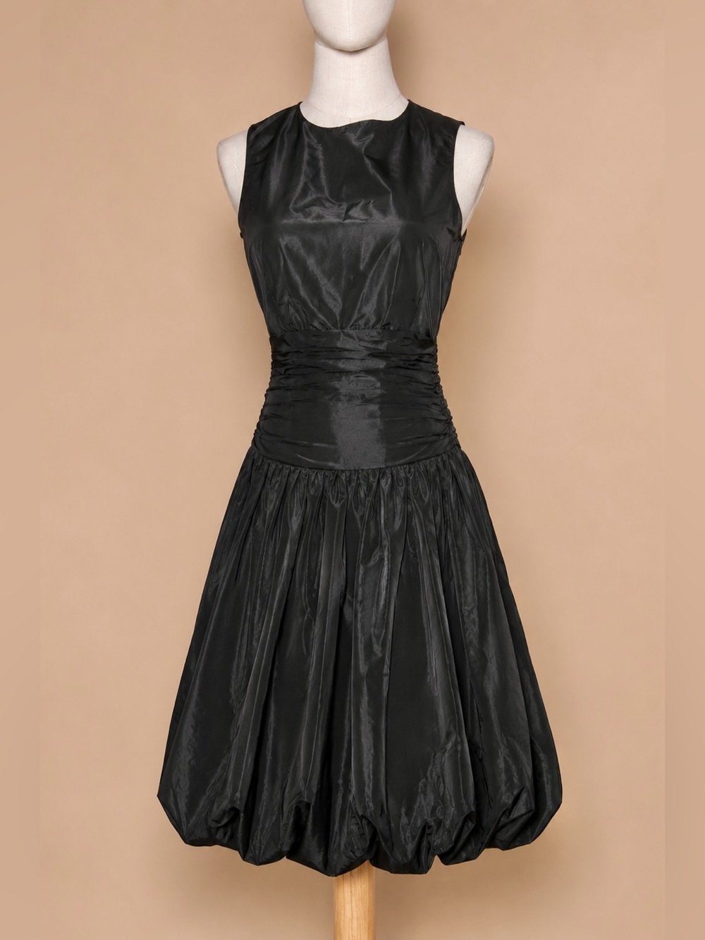 Zara Basic Black Taffeta Ruched Waist Bubble Hem Dress Small - Picture 2 of 5